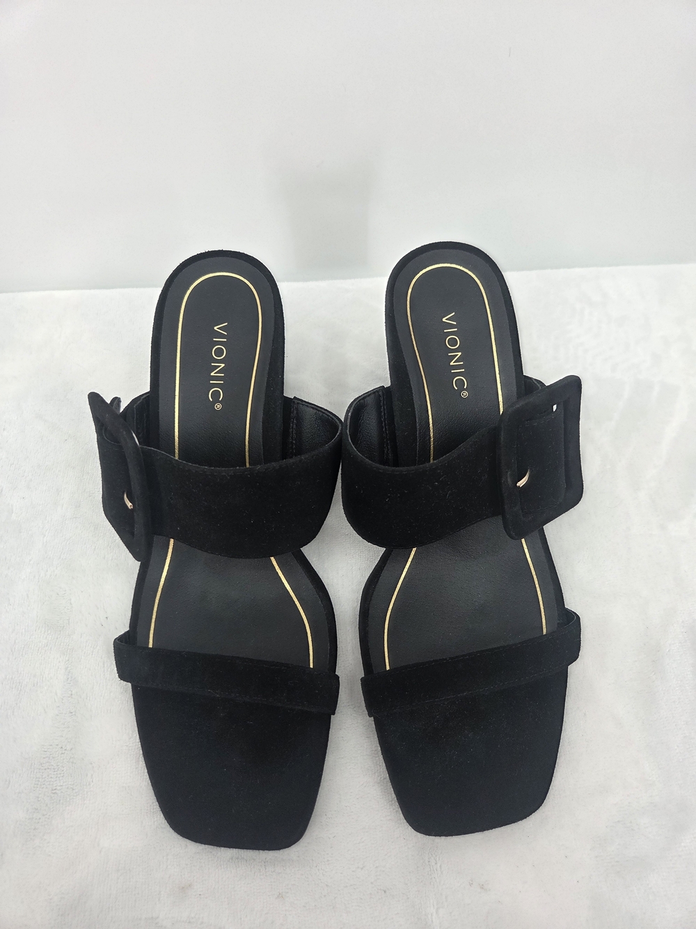Vionic Brookell Black Suede Buckle Block Heel Sandals Women’s Size 8